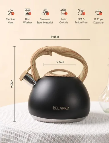 Vista 5 de BELANKO - Hervidor de té de 2.7 cuartos de galón para estufa - Tetera de acero inoxidable de grado alimenticio con silbato fuerte, mango de madera