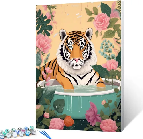 Vista 11 de Pintura por números para adultos, baño, animales, bricolaje, pintura al óleo digital, pintura acrílica, cebra, arte de pared, hojas verdes, bañera