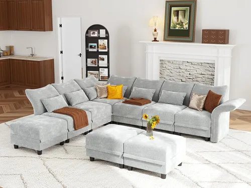 Vista 35 de LLappuil - Sofá seccional en forma de L con almacenamiento, sofás seccionales modulares beige de pana para sala de estar con brazos y respaldos Pana