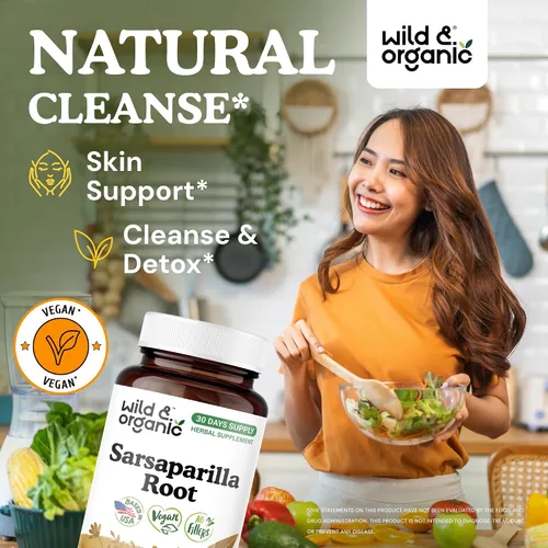 Vista 2 de Wild & Organic Cápsulas de raíz de zarzaparrilla, apoyo para la piel y la desintoxicación, suplemento de raíz de zarzaparrilla de 1000 mg, 30 días