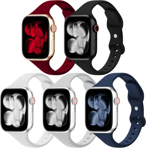 Vista 18 de Paquete de 5 bandas de silicona delgadas compatibles con Apple Watch de 38mm 42mm 40mm 44mm 41mm 45mm 46mm 49mm, correa deportiva estrecha y delgada