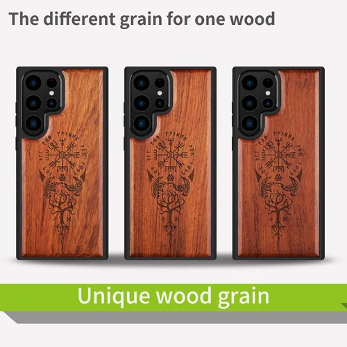 Vista 7 de Carveit Funda para Galaxy S22 Ultra de madera compatible con S22 Ultra Viking Compass Vegvisir-Rosy Madera real dura, TPU suave, funda protectora