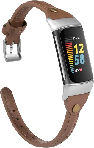 Vista 12 de Wearlizer Correa de cuero compatible con correas Fitbit Charge 5/6, correa de reloj de cuero delgada de repuesto para mujeres y hombres Beige
