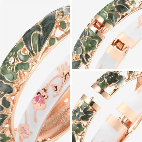 Vista 4 de UJOY Vintage Jewelry Cloisonne Artesanal Esmaltado Mariposa Flor Magnífica Rhinestone Oro Bisagra Brazalete Brazalete Brazaletes Regalos 88A09