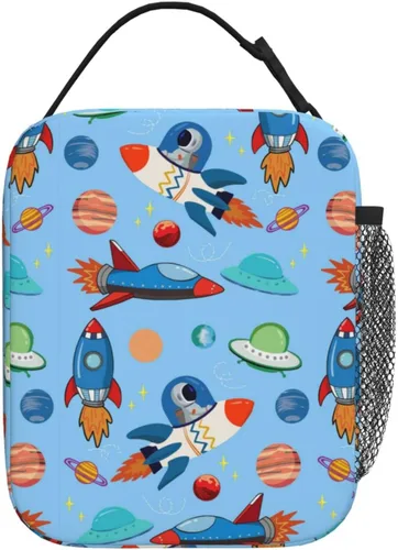 Vista 6 de Lonchera espacial para niños y niñas, térmica, térmica, linda bolsa de almuerzo para la escuela Dibujos animados aeroespacial