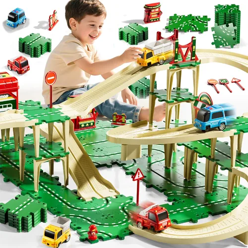 Vista 11 de Puzzle Racer - Juego de pistas de autos para niños, pistas de carreras de 4 niveles para niños de 3 a 5 años con 3 autos, piezas de tráfico