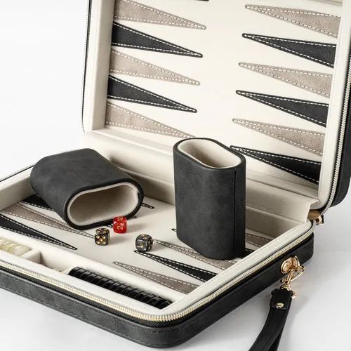 Vista 2 de Juegos de backgammon para adultos y niños, tablero clásico de backgammon con dados de damas únicos, funda plegable de cuero sintético para Negro