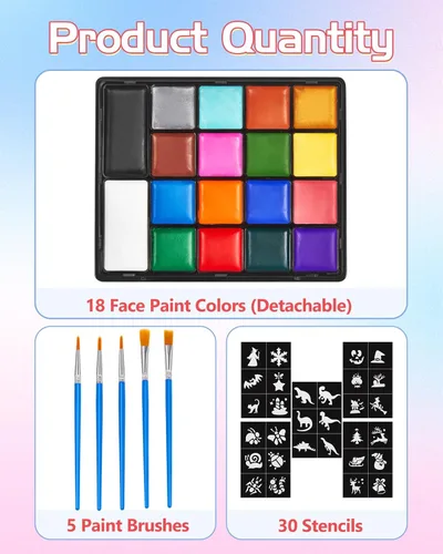 Vista 2 de Lictin Pintura Facial a Base de Agua - Kit de Pintura Facial de 18 Colores con Plantillas y Brochas, Kit de Maquillaje de Halloween para Adultos