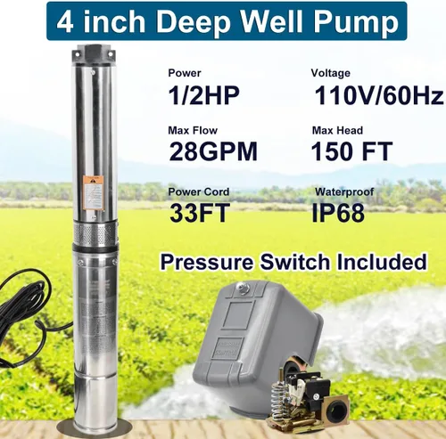 Vista 2 de Bomba sumergible de pozo profundo de 1/2HP, bomba de pozo de agua de acero inoxidable de 110 V con interruptor de presión, cable de alimentación