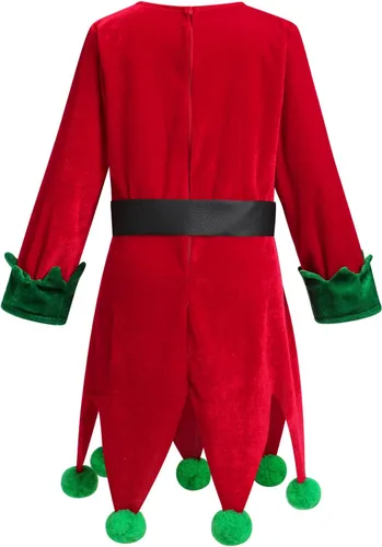 Vista 4 de Disfraz de elfo de Navidad para niños y niñas, vestido de lentejuelas de terciopelo con medias y zapatos, cubierta de sombrero de Papá Noel, trajes