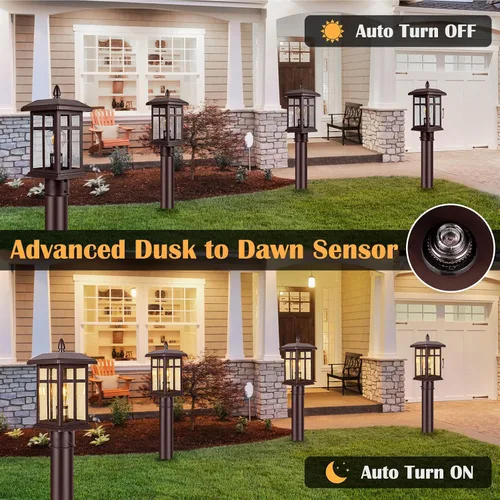 Vista 3 de Brilvibera Paquete de 2 luces de poste de bronce del atardecer al amanecer, accesorios de iluminación al aire libre para montaje en poste al aire