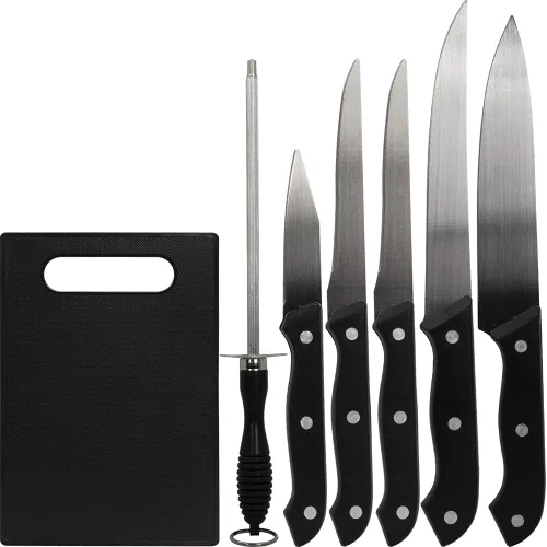 Vista 2 de CK6PC E4DGCK6PC - Juego de cuchillos de 5 piezas con tabla de cortar y acero para afilar con afilador manual Deco Essentials de 3 ranuras y guantes