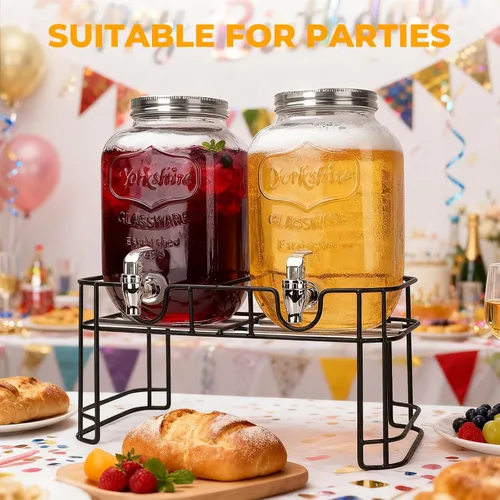Vista 7 de Dispensador de vidrio de bebida de 1 galón para fiestas, paquete de 2, dispensador de bebidas de vidrio con grifo y cubierta de hierro y soporte