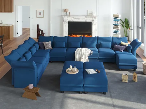 Vista 10 de LLappuil Sofá modular de terciopelo en forma de L con almacenamiento, sofá moderno de 5 plazas de 127.8 pulgadas con diván, sofás reclinables de Azul