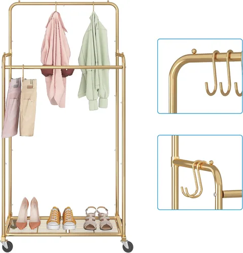 Vista 4 de Simple Trending - Perchero para ropa de doble varilla, estante resistente con ruedas para colgar ropa, con 4 ganchos, color dorado