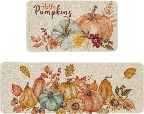 Vista 9 de Juego de 2 Tapetes de Cocina Hello Fall, Alfombra de Cocina de Calabaza de Acción de Gracias, Alfombra de Piso Decorativa Creativa de Vacaciones