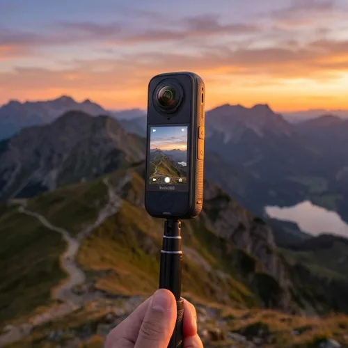 Vista 2 de Insta360 Paquete estándar de cámara de acción X4 Air 360 Lente dual ligera impermeable 8K Sistema de estabilización para viajes, ciclismo