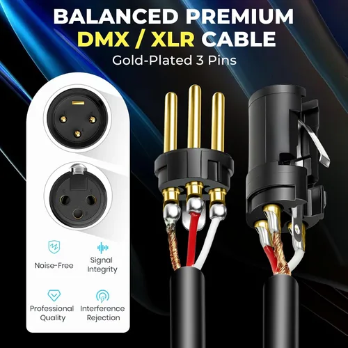 Vista 3 de Cable DMX de 10 pies, paquete de 6, cables flexibles XLR chapados en oro de 3 pines Hombre a hembra, compatible con micrófono, luz de escenario