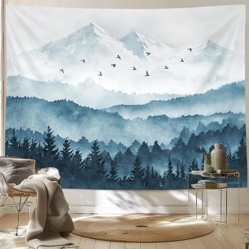 Vista 10 de kampdream Tapiz de bosque de montaña, tapiz de pared con diseño de árbol blanco y negro brumoso, paisaje de acuarela, tapiz de paisaje natural