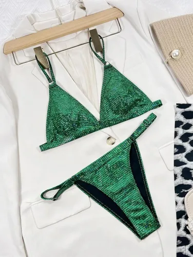 Vista 3 de YAUASOPA Bikini brillante para mujer, traje de baño de dos piezas con tanga