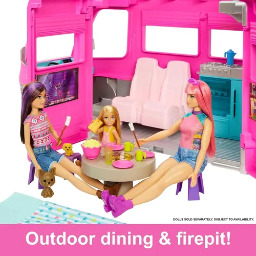 Vista 6 de Barbie Camper, juego de muñeca con 60 accesorios, tobogán de 30 pulgadas y 7 áreas de juego, Dream Camper