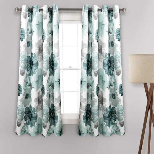 Vista 6 de Lush Decor Julie - Paneles de cortinas de ventana con aislamiento floral y ojales 100% opacas, par, 38" de ancho x 95" de largo, azul y verde Azul