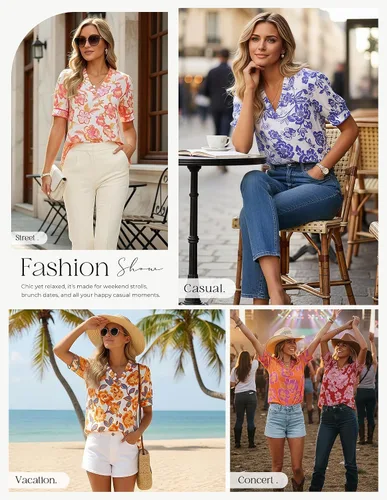 Vista 4 de GRACE KARIN Blusas florales bohemias para mujer, camisas casuales de verano de manga corta abombada, blusa de trabajo de vacaciones con cuello en V