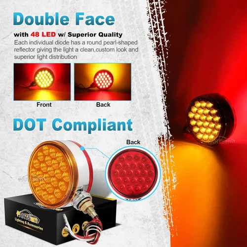 Vista 2 de Partsam 2 luces reflectantes redondas de doble cara de 4 pulgadas con montaje en perno prisionero rojo perla/ámbar, 48 luces LED reflectantes