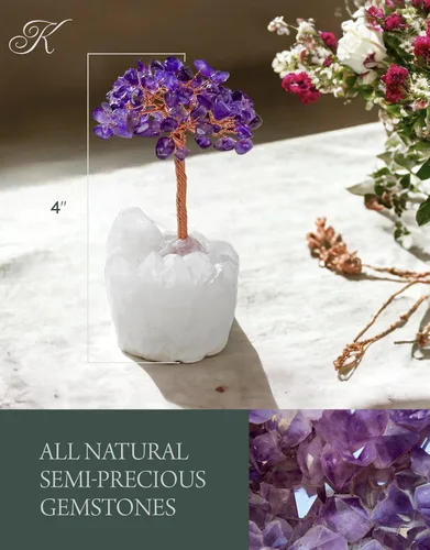 Vista 3 de KALIFANO Amatista natural (más de 100 piedras preciosas!) Árbol de cristal de chakra con base de racimo de cuarzo, árbol de dinero bonsái Feng Shui