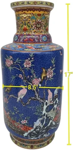 Vista 2 de Classic Famille Rose Florero de porcelana, fondo de flores grabadas, pájaros y flores, Jingdezhen