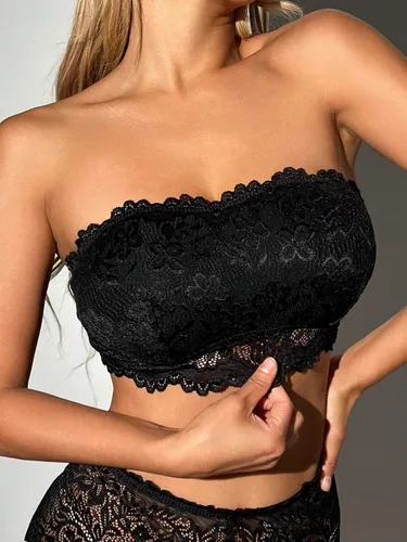 Vista 5 de WDIRARA Bralettes sin tirantes de encaje floral para mujer, sin tirantes, sin relleno, sin mangas, lencería