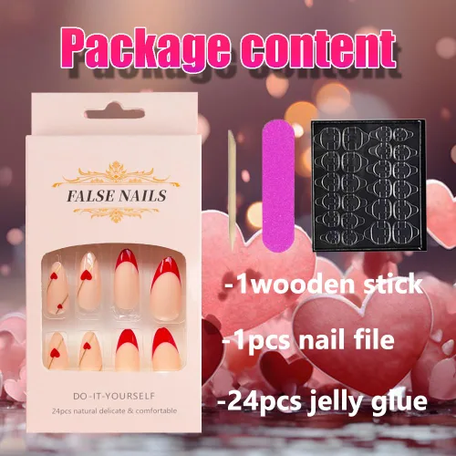 Vista 2 de Uñas postizas a presión para el día de San Valentín, uñas postizas medianas de almendra con corazón rojo y líneas doradas, diseño exquisito, puntas