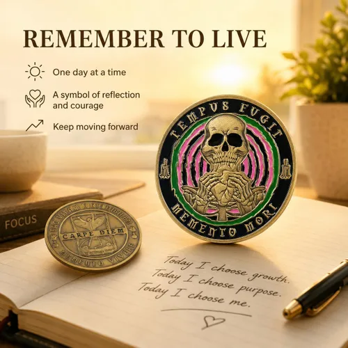 Vista 7 de Imasoner Memento Mori Coin Stoic Coin EDC Challenge Coin Stoicism Regalos para recordatorio Features Memento Vivere & Tempus Fugit, Inspirational