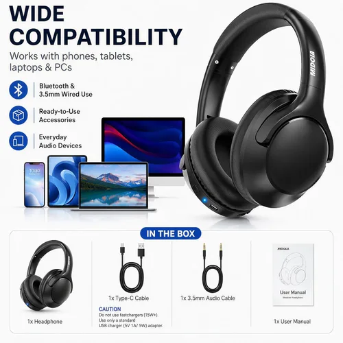 Vista 5 de MIDOLA - Auriculares Bluetooth sobre la oreja, auriculares inalámbricos de 68 horas de reproducción con micrófono, 6 modos de ecualización, graves