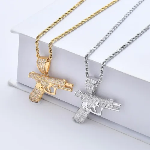 Vista 4 de Collar con colgante de pistola punk para hombre, chapado en oro, disco de hip hop, diamantes de imitación, collares de pistola para hombres