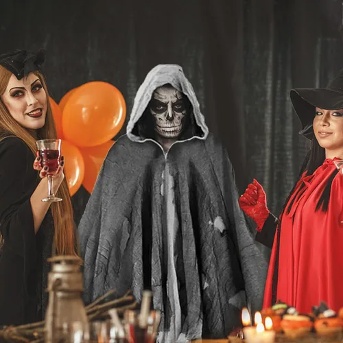 Vista 3 de IRONCAS Capa de terror de Halloween, medieval con capucha, accesorios de disfraz de la parca, para fiesta temática de máscaras, cosplay, accesorios