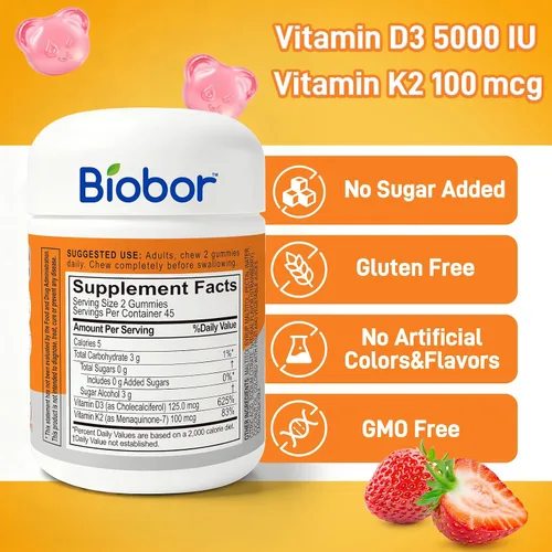 Vista 2 de Biobor Gomitas naturales de vitamina D3 K2, 5000 UI de vitamina D3 y 100 mcg de vitamina K2 (MK-7), apoya los huesos saludables, suplemento de salud