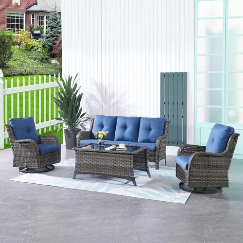 Vista 9 de HUMMUH Juego de 2 Sillas Giratorias Mecedoras de Mimbre para Patio Exterior, Juego de Muebles de Sillas Mecedoras de Ratán (Marrón, Azul) 50,000