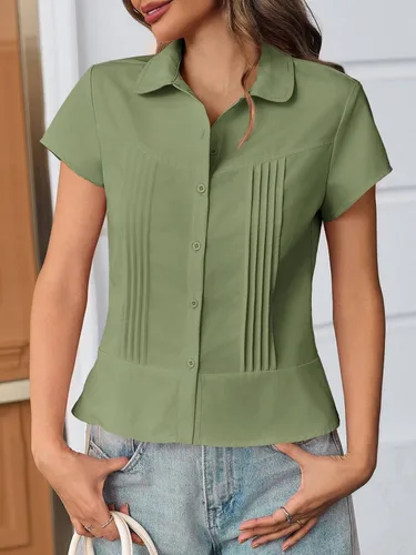 Vista 6 de Cicy Bell Blusas de manga corta con botones para mujer, plisadas, ajuste ceñido, elegantes casuales de verano
