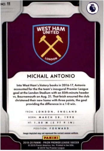 Vista 2 de 2019-20 Prizm EPL English Premier League #11 Michail Antonio West Ham United Official Panini Soccer Futbol Trading Card
