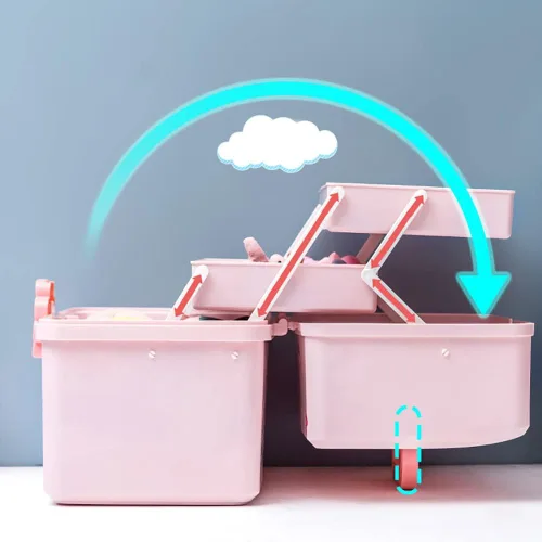 Vista 2 de Organizador plegable de plástico para manualidades de 3 capas, caja rosa portátil, caja de almacenamiento múltiple para medicamentos, organizador