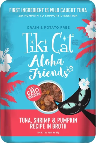 Vista 10 de Tiki Cat Aloha Friends, Atún, Calamares y Calabaza, sin granos y alta humedad, alimento húmedo para gatos para todas las etapas de la vida, bolsa