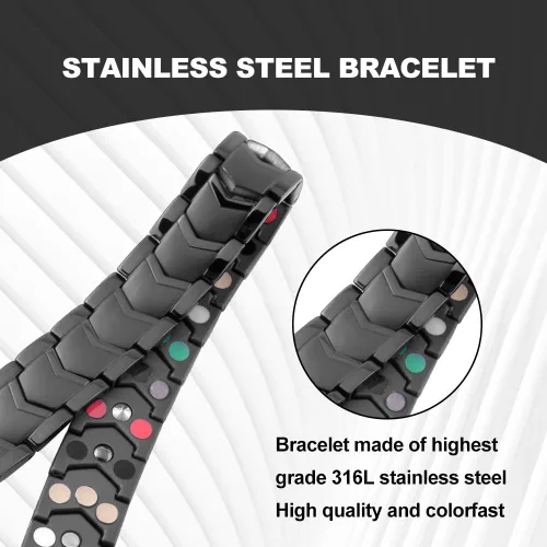 Vista 3 de KYOSI Pulsera magnética para hombres de tres filas de energía de acero inoxidable negro pulsera imán enlace joyería para hombre