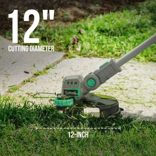Vista 2 de Litheli Recortadora de cuerda inalámbrica de 20 V y 12 pulgadas, bordeadora con ruedas, funciona con batería con alimentación automática de línea