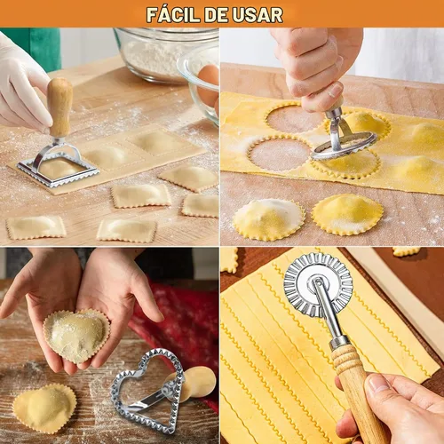 Vista 5 de Cortador de pasta de ravioles con rueda de rodillo (juego de 6), máquina de sellos para ravioles con mango de madera, herramientas de prensa