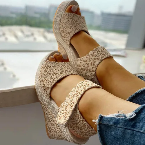 Vista 4 de HOSTINGG Sandalias de cuña para mujer, alpargatas de cuña informales, puntera abierta, con lazo, con cordones