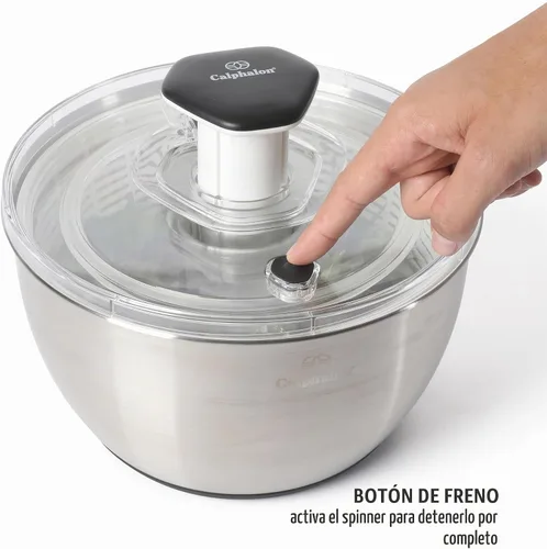 Vista 5 de Calphalon Aero - Molinillo de ensalada de acero inoxidable de 6.3 cuartos de galón, cuenco para lavar frutas y verduras con cesta coladora
