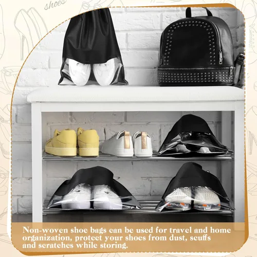 Vista 5 de Sadnyy 50 bolsas negras para zapatos para viajes, grandes no tejidas con cordón para organizar zapatos, bolsas portátiles de almacenamiento