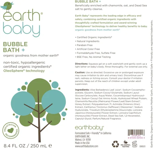 Vista 3 de Earth Baby Bubble Bath +, 8.4 onzas líquidas, hipoalergénico para pieles sensibles, natural y orgánico, probado por pediatras y dermatólogos, seguro