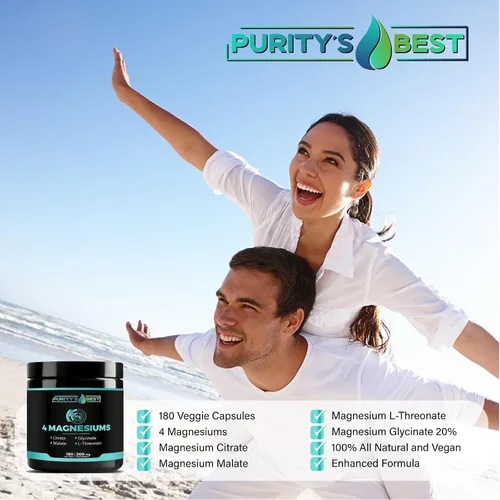 Vista 4 de Purity's Best 4 MAGNESIOMS, glicinato de magnesio premium, malato, L-treonato, citrato, 300 mg, 180 cápsulas vegetales, probado por terceros